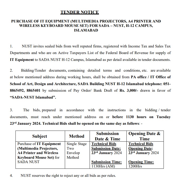 TENDER NOTICE PURCHASE OF IT EQUIPMENT (MULTIMEDIA PROJECTORS, A4 ...